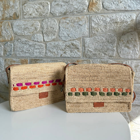 Zera - Handmade Natural Raffia Messenger Bag Pastel Green and Amber