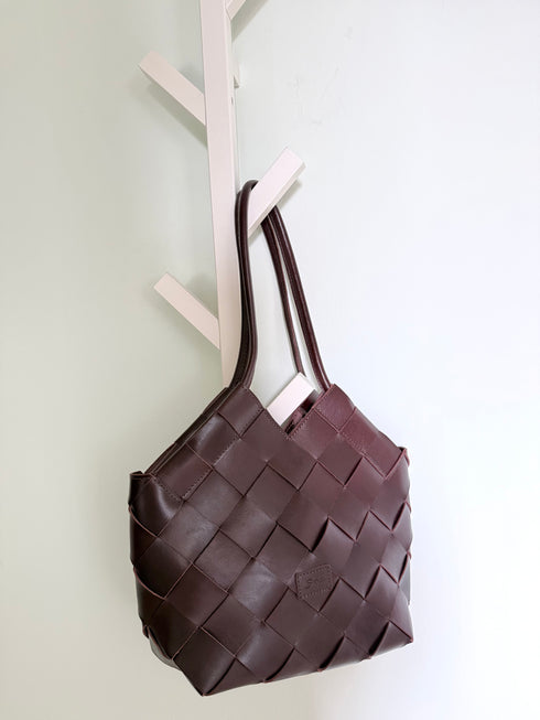 Beth - Handmade Leather V-cut Woven Tote Bag Coffee