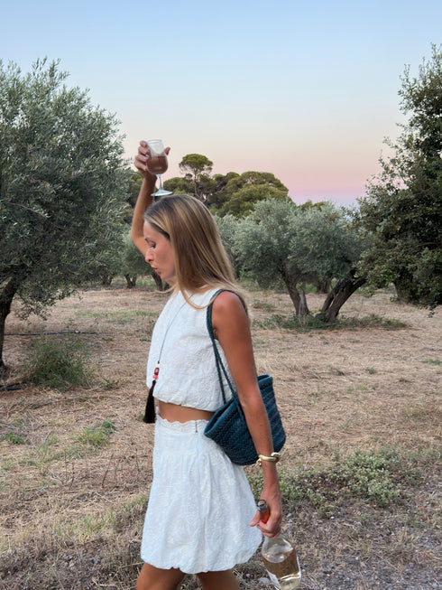 Carmel- Hand Woven Leather Shoulder Bucket Bag Blue