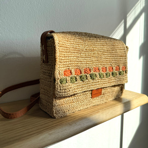 Zera - Handmade Natural Raffia Messenger Bag Pastel Green and Amber