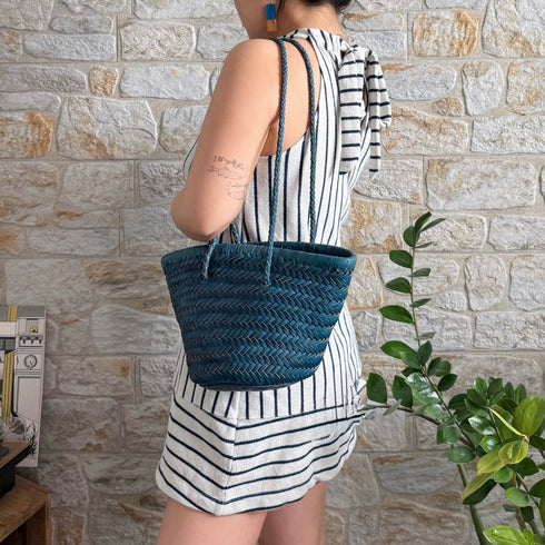 Carmel- Hand Woven Leather Shoulder Bucket Bag Blue