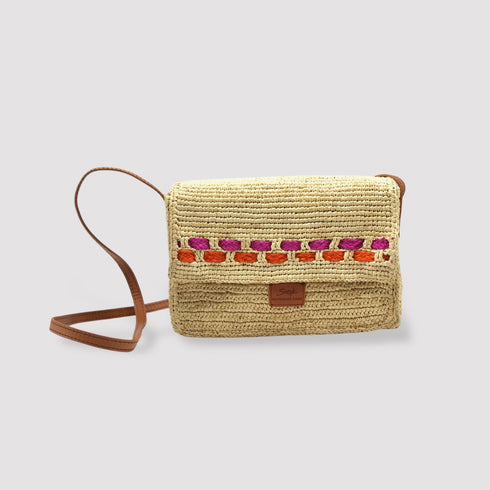 <tc>Zera - Borsa messenger in rafia naturale fatta a mano Fucsia e arancione</tc>