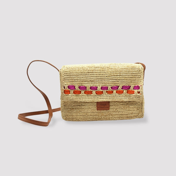 <tc>Zera - Borsa messenger in rafia naturale fatta a mano Fucsia e arancione</tc>
