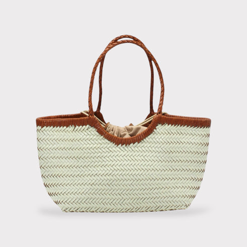 <tc>Carmel - Borsa tote bicolore tessuta a mano bianco latte e marrone</tc>