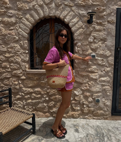 <tc>Zola - Borsa a spalla in rafia naturale fucsia e arancione</tc>