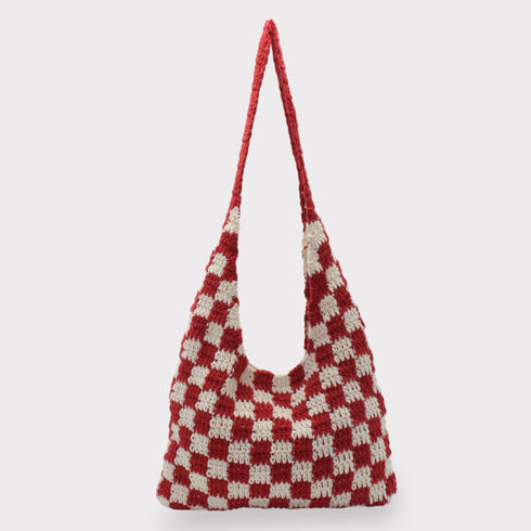 베리 레드 체크 무늬 패턴 체스 크로 셰 뜨개질 토트 백