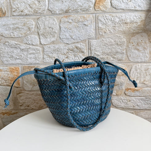 Carmel- Hand Woven Leather Shoulder Bucket Bag Blue
