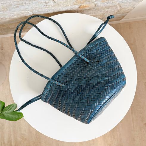 Carmel- Hand Woven Leather Shoulder Bucket Bag Blue