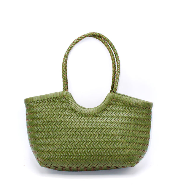 Carmel - Genuine Leather U Shape Handwoven Tote Bag Green