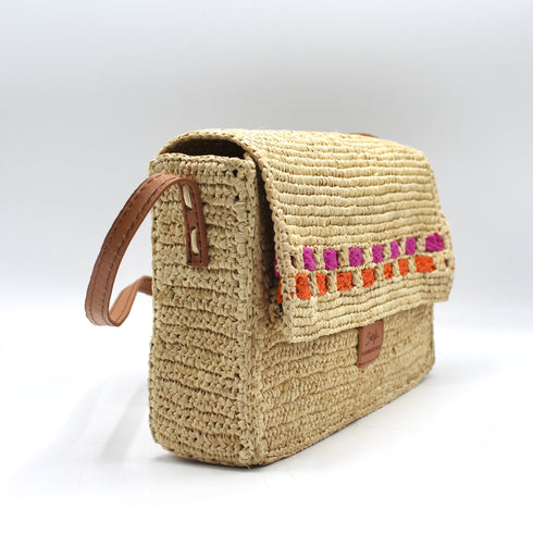 <tc>Zera - Borsa messenger in rafia naturale fatta a mano Fucsia e arancione</tc>