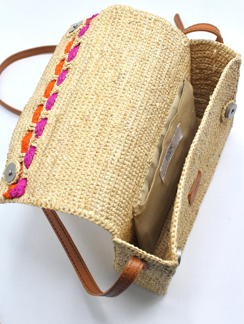 <tc>Zera - Borsa messenger in rafia naturale fatta a mano Fucsia e arancione</tc>