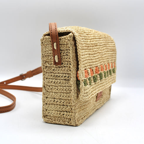 Zera - Handmade Natural Raffia Messenger Bag Pastel Green and Amber