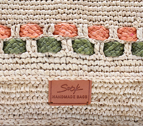 Zera - Handmade Natural Raffia Messenger Bag Pastel Green and Amber