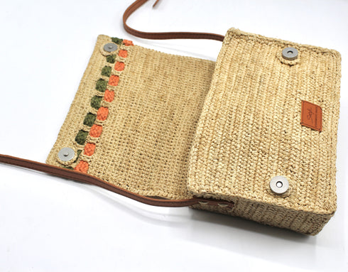 Zera - Handmade Natural Raffia Messenger Bag Pastel Green and Amber