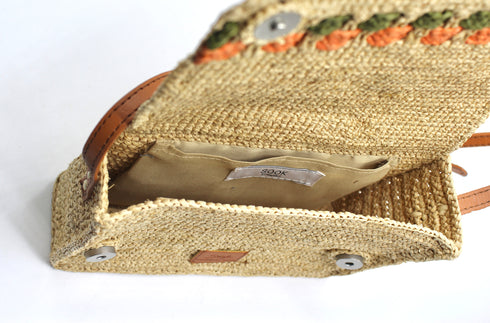 Zera - Handmade Natural Raffia Messenger Bag Pastel Green and Amber