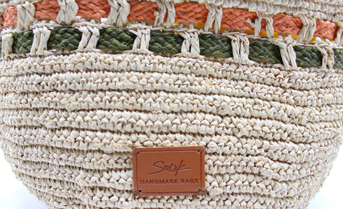 <tc>Zola- Sac fourre-tout en raphia naturel fait main Vert pastel et Ambre</tc>