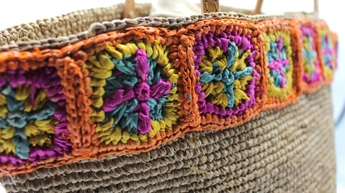 Flora - Handmade Raffia Weaving Crochet Orange Flower Bag
