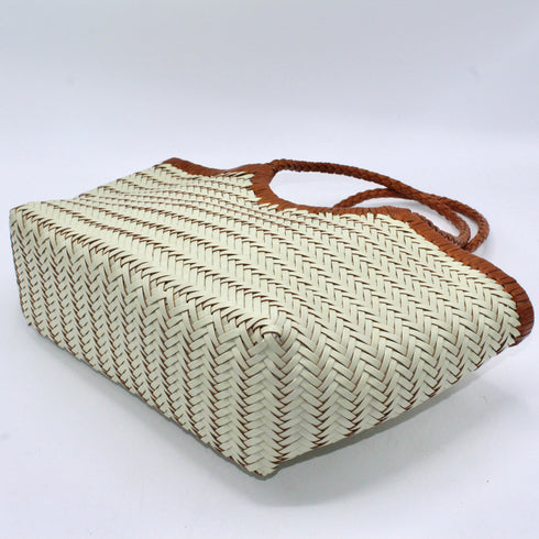 <tc>Carmel - Borsa tote bicolore tessuta a mano bianco latte e marrone</tc>