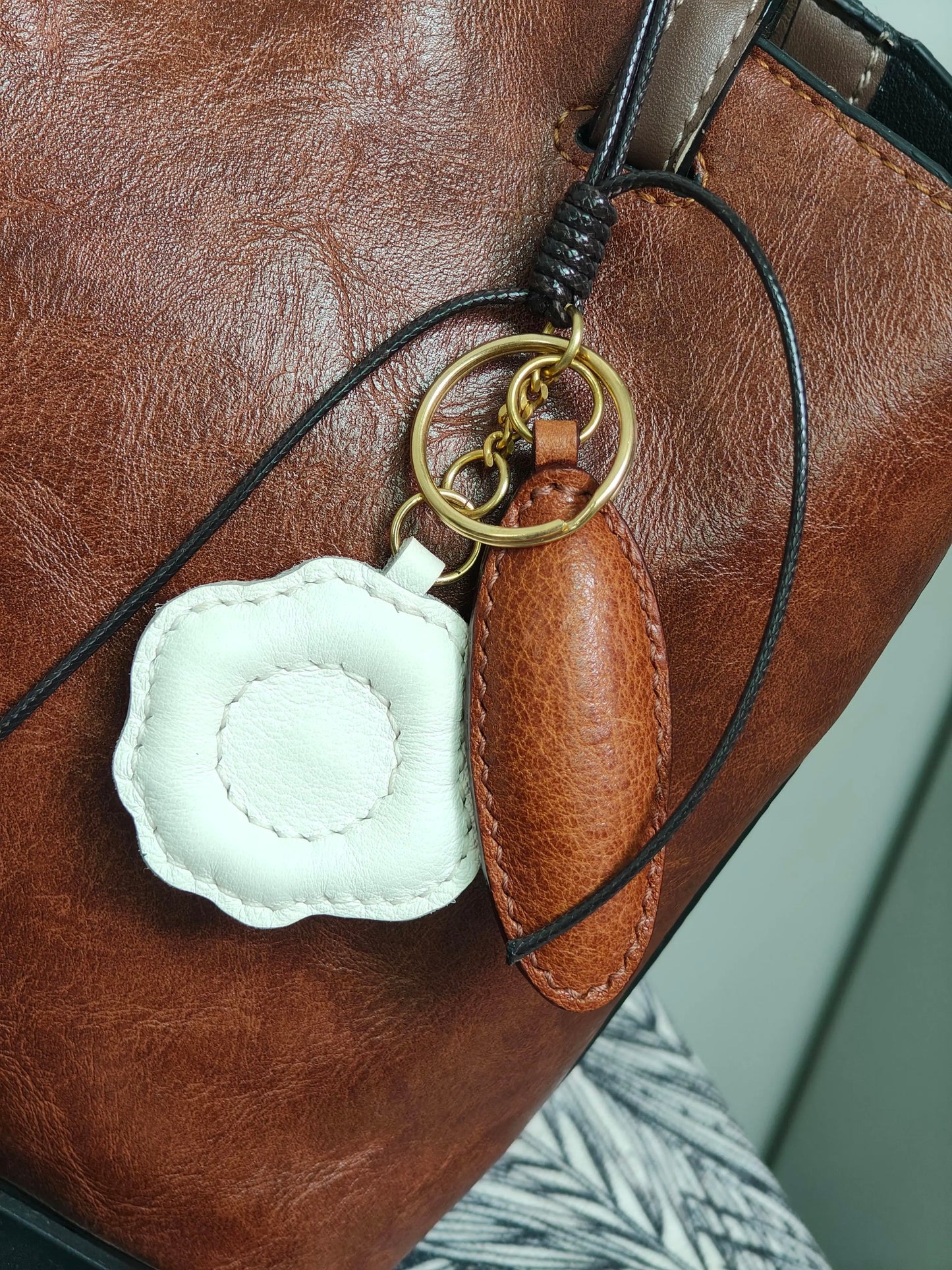 Egg and Bread - Handmade Grain Leather Bag Charm Key Holder
