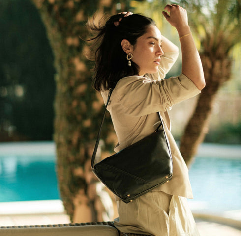 Evy- 진정한 가죽 파우치 어깨 가방 재 회색