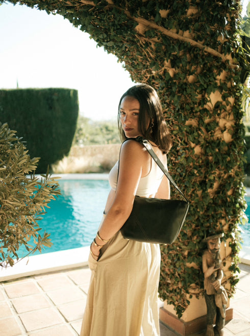 Evy- 진정한 가죽 파우치 어깨 가방 검은 색