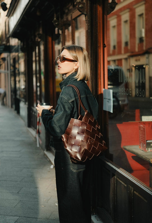 Beth - Handmade Leather V-cut Woven Tote Bag Coffee