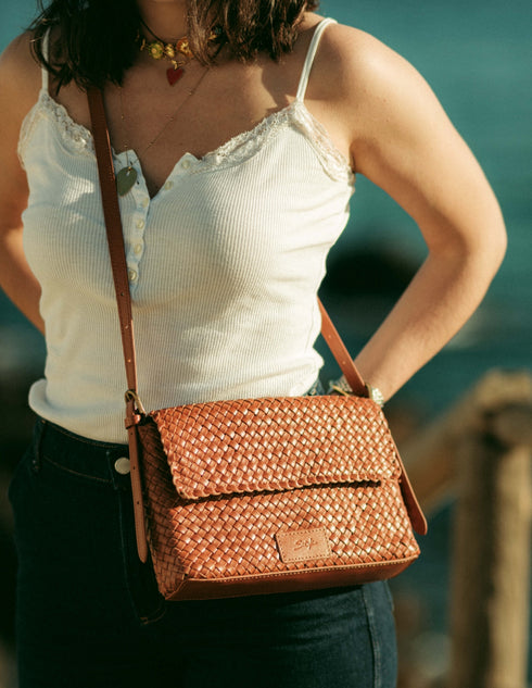 Ema - Handmade Woven Leather Messenger Bag Caramel