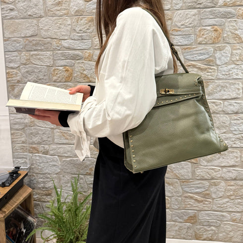 Juli - Handmade Calf Leather Studs Bag With Metallic Closure Avocado
