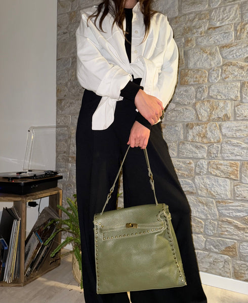 Juli - Handmade Calf Leather Studs Bag With Metallic Closure Avocado