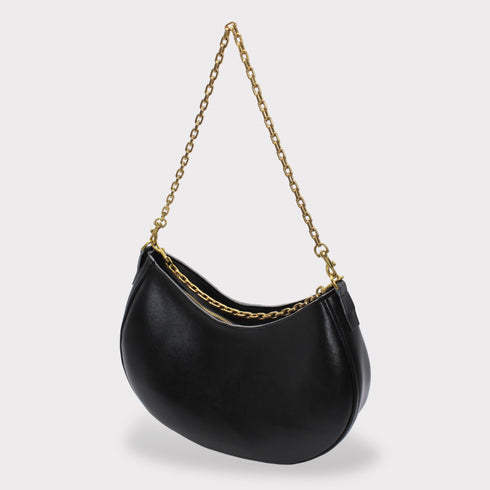 달 - 옥수수 비건 가죽 초승달 가방 검은 빈티지 골드 체인