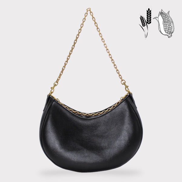 <tc>The Moon - Borsa a mezzaluna in pelle vegana di mais Catena d'oro vintage nera</tc>