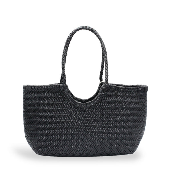 Carmel - Genuine Leather U Shape Handwoven Tote Bag Black