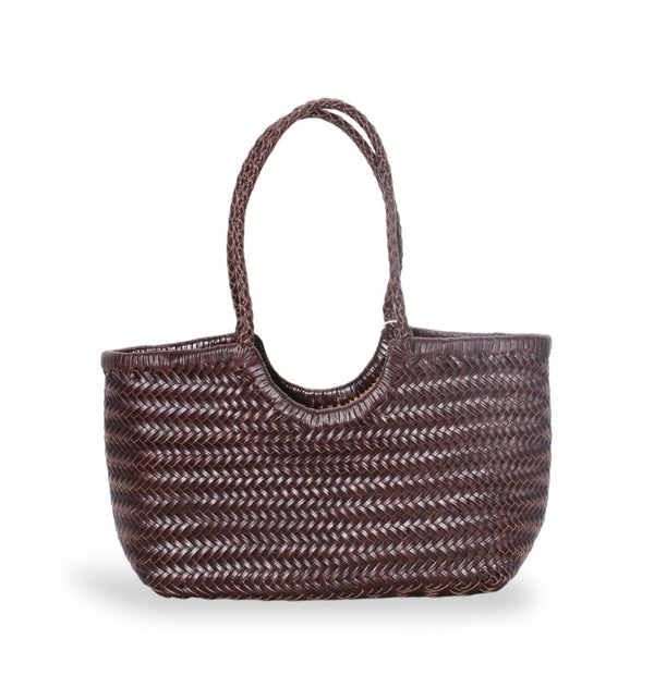 Carmel - Genuine Leather U Shape Handwoven Tote Bag Coffee