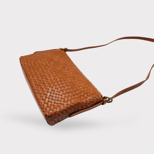 Ema - Handmade Woven Leather Messenger Bag Caramel