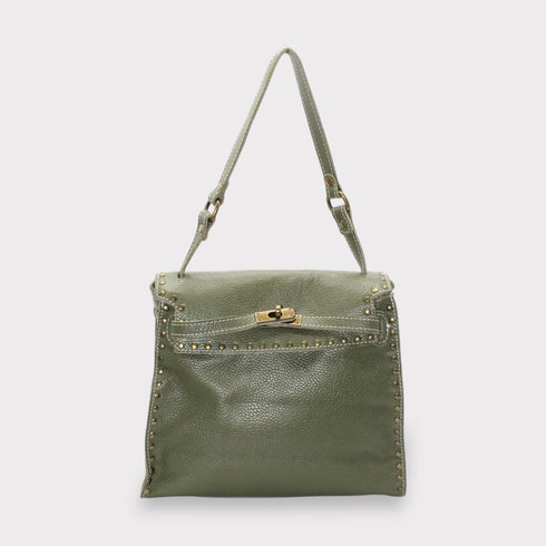 Juli - Handmade Calf Leather Studs Bag With Metallic Closure Avocado