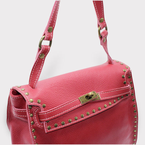 <tc>Juli - Bolso hecho a mano de piel de becerro con tachuelas y cierre metálico rojo rosa</tc>