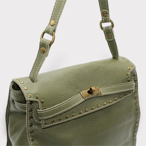 Juli - Handmade Calf Leather Studs Bag With Metallic Closure Avocado