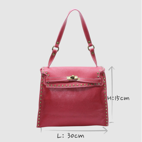 <tc>Juli - Bolso hecho a mano de piel de becerro con tachuelas y cierre metálico rojo rosa</tc>