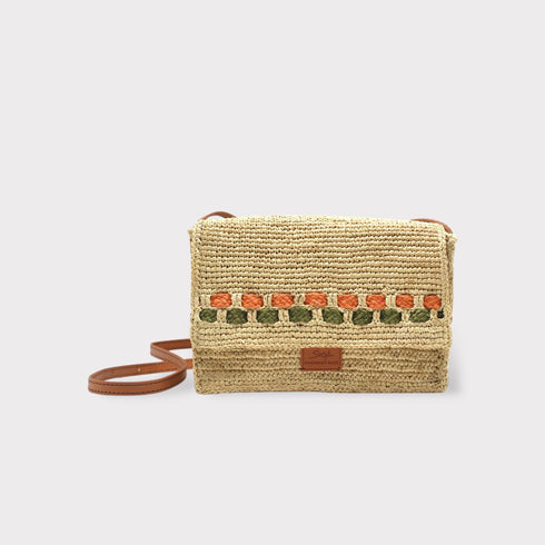 Zera - Handmade Natural Raffia Messenger Bag Pastel Green and Amber
