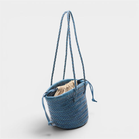 Carmel- Hand Woven Leather Shoulder Bucket Bag Blue