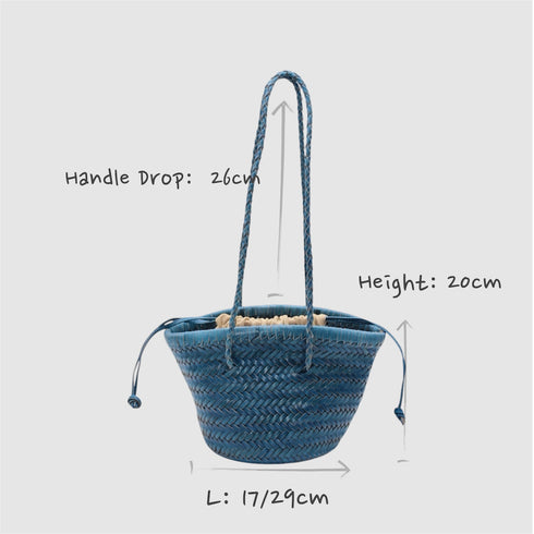 Carmel- Hand Woven Leather Shoulder Bucket Bag Blue