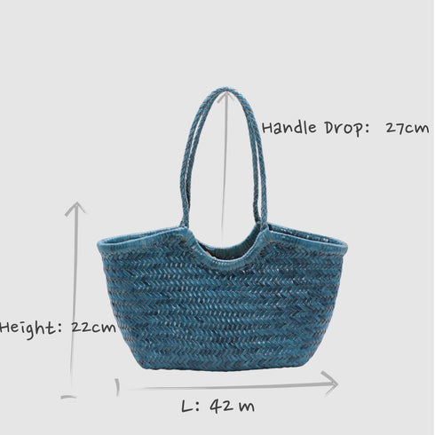 Adria - Big Size Hand Woven Leather Tote Bag Sea Blue