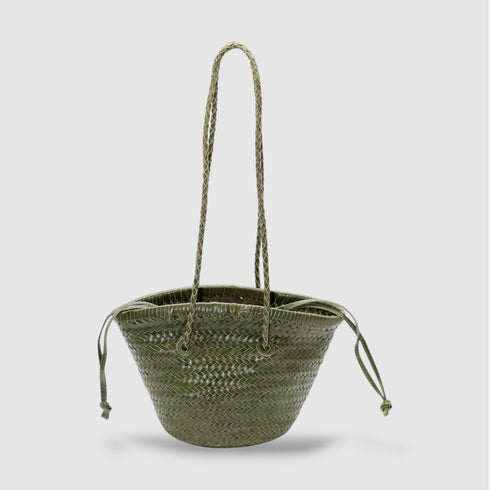Carmel - Borsa a secchiello in pelle pieno fiore intrecciata a mano Verde