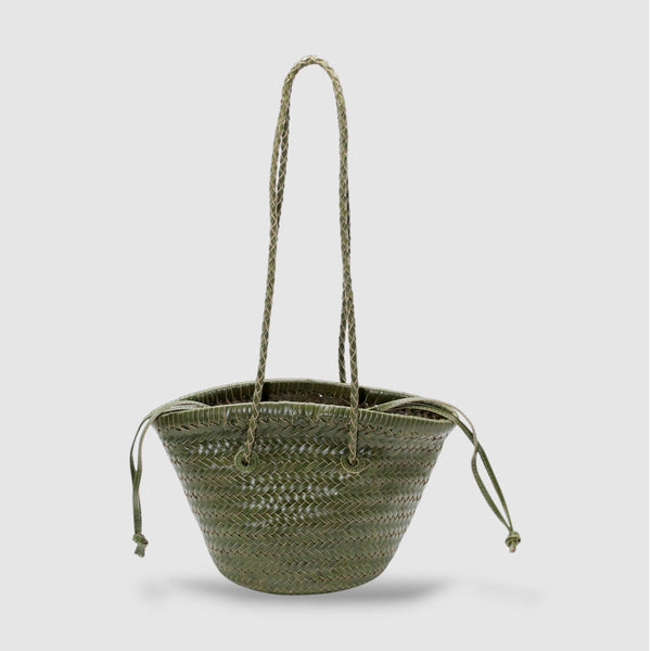 Carmel - Borsa a secchiello in pelle pieno fiore intrecciata a mano Verde