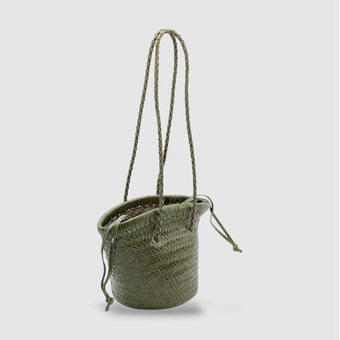 Carmel - Borsa a secchiello in pelle pieno fiore intrecciata a mano Verde