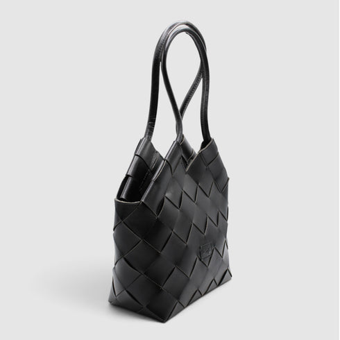 Beth - Handmade Leather V-cut Woven Tote Bag Black