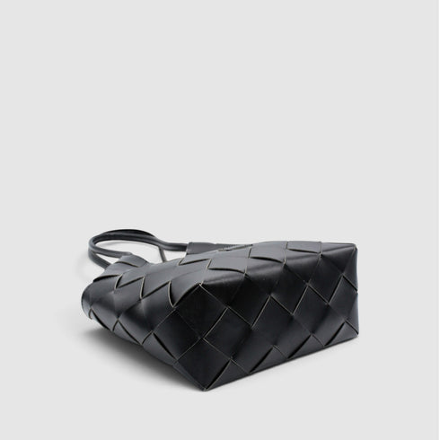 Beth - Handmade Leather V-cut Woven Tote Bag Black
