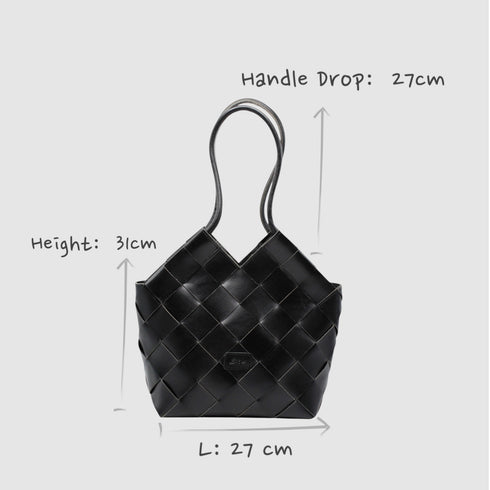 Beth - Handmade Leather V-cut Woven Tote Bag Black