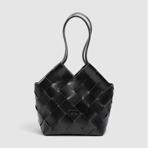 Beth - Handmade Leather V-cut Woven Tote Bag Black