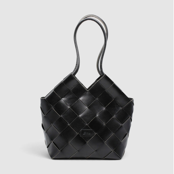 Beth - Handmade Leather V-cut Woven Tote Bag Black